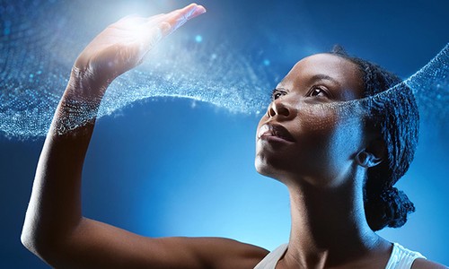 A woman reaches upward with one hand, as sparkling light trails swirl around her. She appears contemplative against a soft blue background, evoking a sense of wonder and possibility.