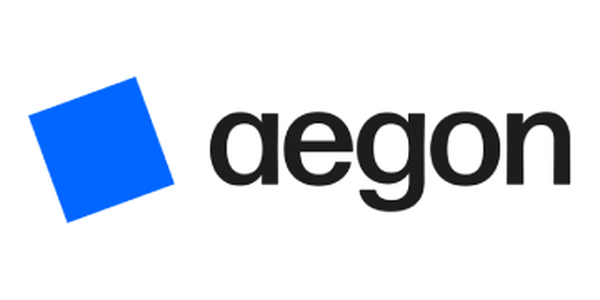 A blue square partially overlaps the word "AEGON," which is bold and black. The text appears against a plain white background, suggesting a corporate or financial context.