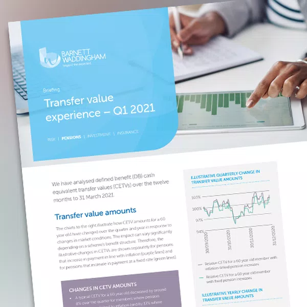 A document titled "Transfer value experience – Q1 2021" displays graphs illustrating cash equivalent transfer values in pensions. A person holds a pen, engaged in reviewing the content amid a desk setting.