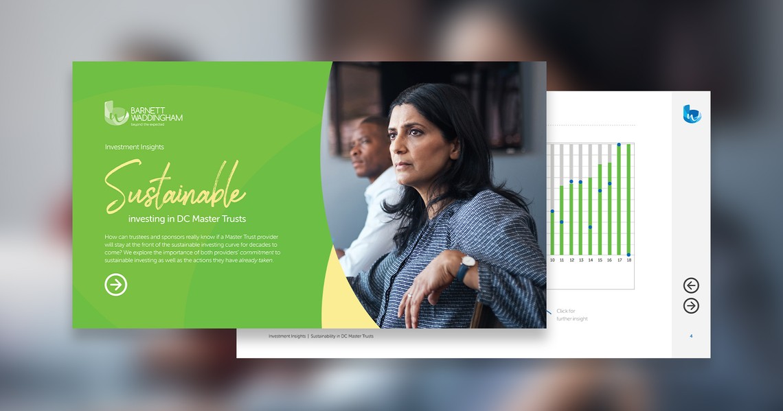 A woman and a man sit closely together, focused on discussion, while a presentation about sustainable investment strategies is displayed on a nearby screen, featuring charts and text.