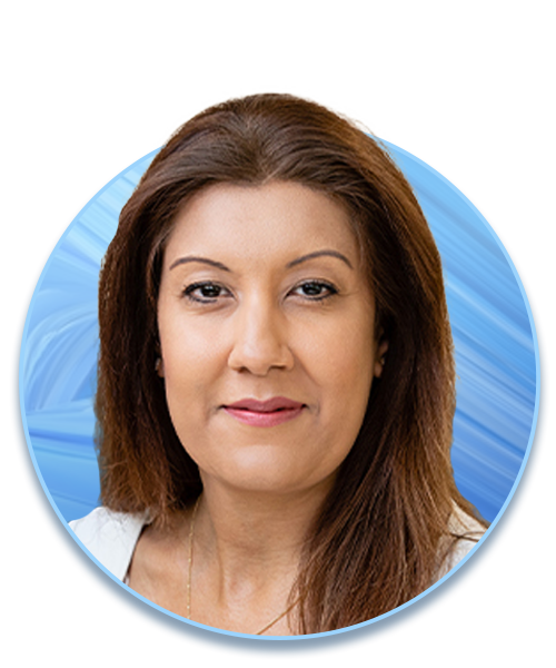 A woman with long brown hair is facing the viewer, presenting a serene expression. She is set against an abstract, blue-toned background, enhancing her presence.