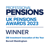 A blue and black award graphic displays the text: "PROFESSIONAL PENSIONS UK PENSIONS AWARDS 2023 WINNER DB Investment Innovation of the Year Barnett Waddingham."