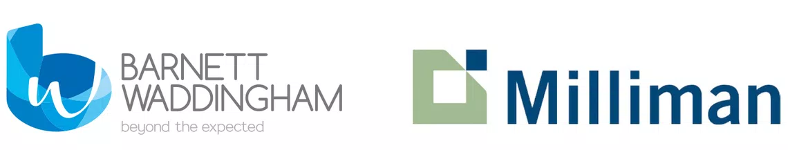 Two company logos are displayed side by side. On the left, a blue logo for "Barnett Waddingham" with the tagline "beyond the expected." On the right, a green and blue logo for "Milliman."