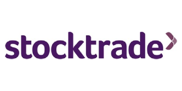 A stylized logo displays the word "stocktrade" in purple, accompanied by an abstract symbol to the left, suggesting a focus on trading or financial services within a modern design context.