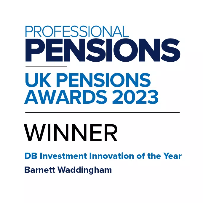 A rectangular award certificate prominently displays "PROFESSIONAL PENSIONS UK PENSIONS AWARDS 2023" at the top, followed by "WINNER" and the category "DB Investment Innovation of the Year" awarded to "Barnett Waddingham."