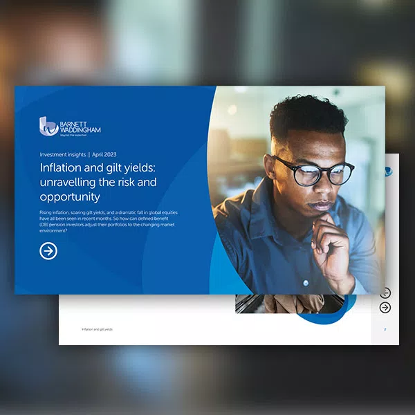 A professional report titled "Investment Insights | April 2023" is displayed, focusing on inflation and gilt yields. A contemplative individual in glasses is shown, analyzing information.