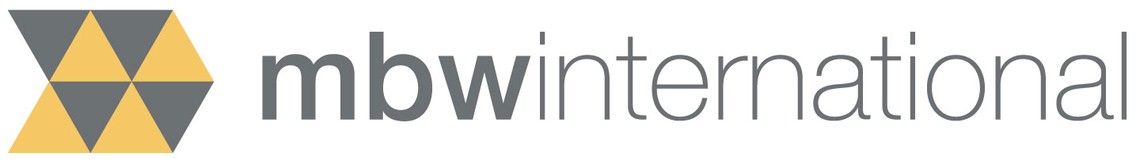 A logo featuring a series of geometric shapes; a combination of yellow triangles and gray forms, accompanied by the text “mb international” displayed in a modern, sleek font.