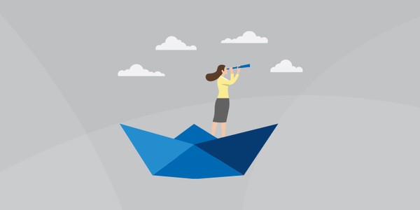 A woman stands on a blue paper boat, using binoculars to survey her surroundings. The scene is set against a light gray background with minimal clouds, suggesting a calm atmosphere.