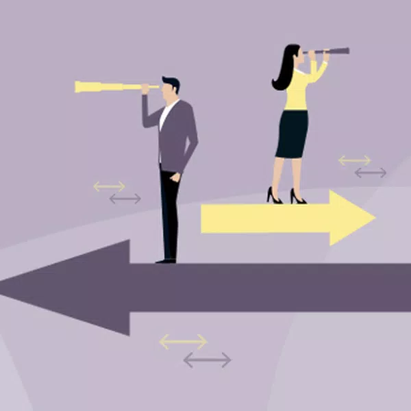 Two figures, a man and a woman, stand on large arrows, using telescopes to look into the distance. The background features a subtle purple gradient with directional arrows.